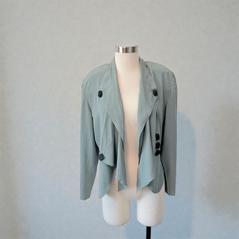 Wild Rose Western Equestrian Green Jacket Blazer Open Front Black Floral Medium